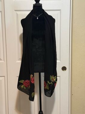 Black Floral Sequin Embroidered Scarf Wrap